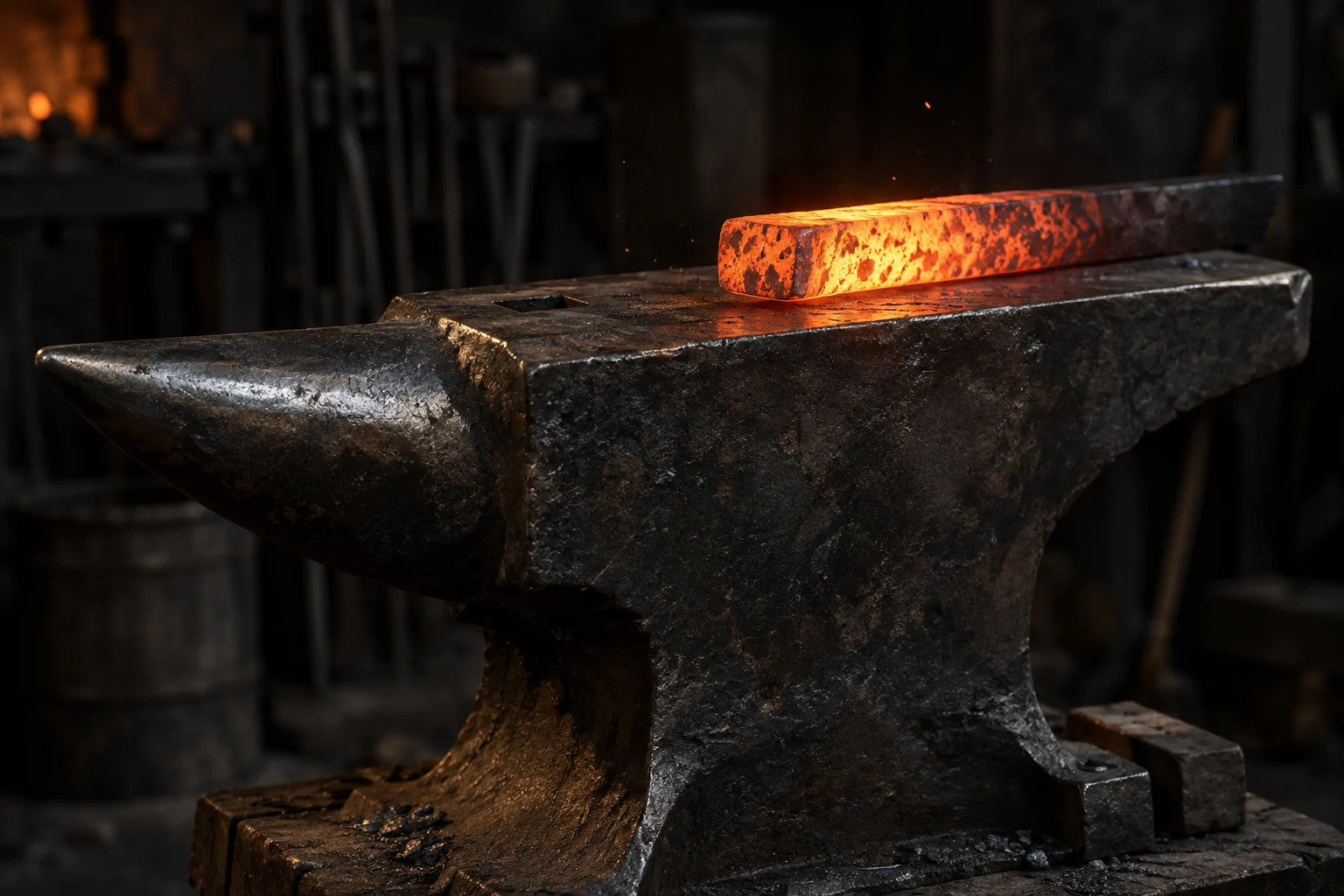 Glowing iron on a well-worn blacksmith’s anvil in a dark workshop
